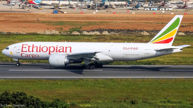 Ethiopian Airlines Cargo Boeing 777 freighter on a runway