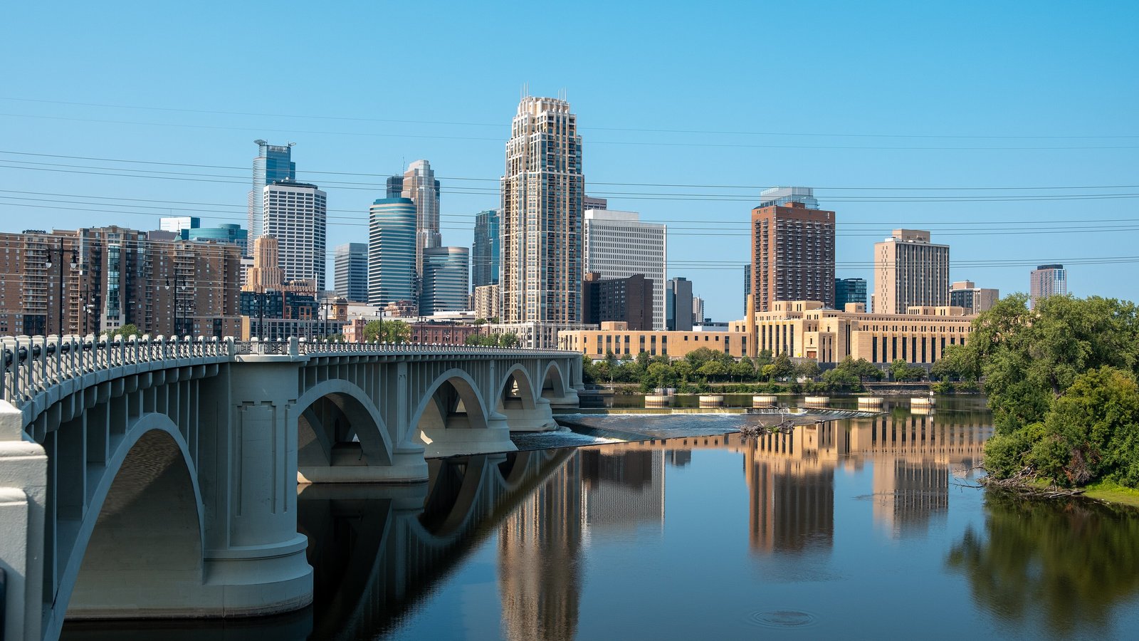 Downtown Minneapolis skyline across the Mississippi River with the Third Avenue Bridge