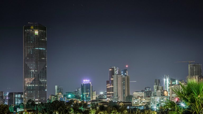 Addis Ababa skyline at night with lit office towers