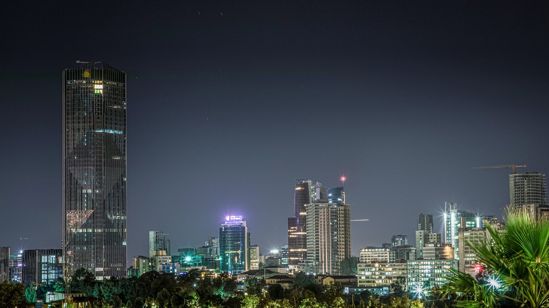 Addis Ababa skyline at night with lit office towers