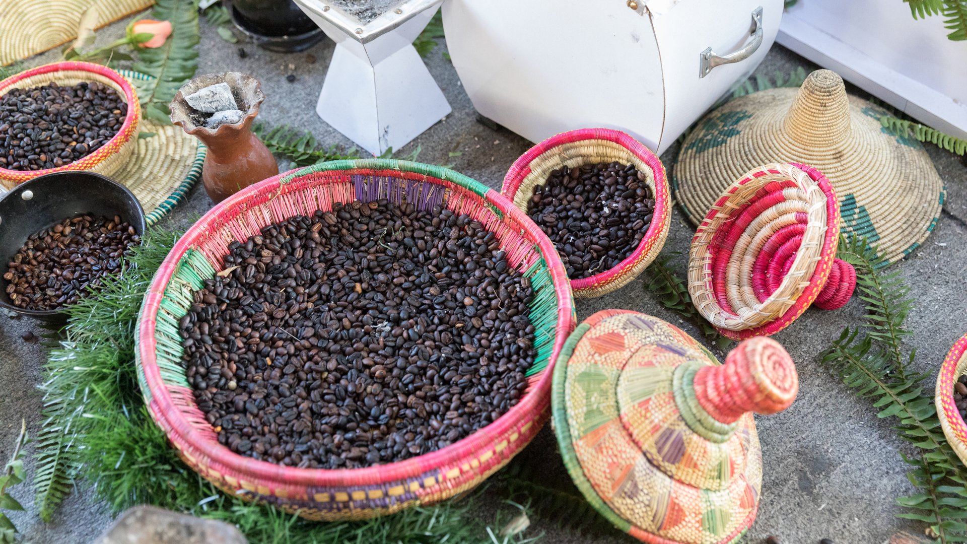 Baskets of coffee beans on display in Addis Ababa