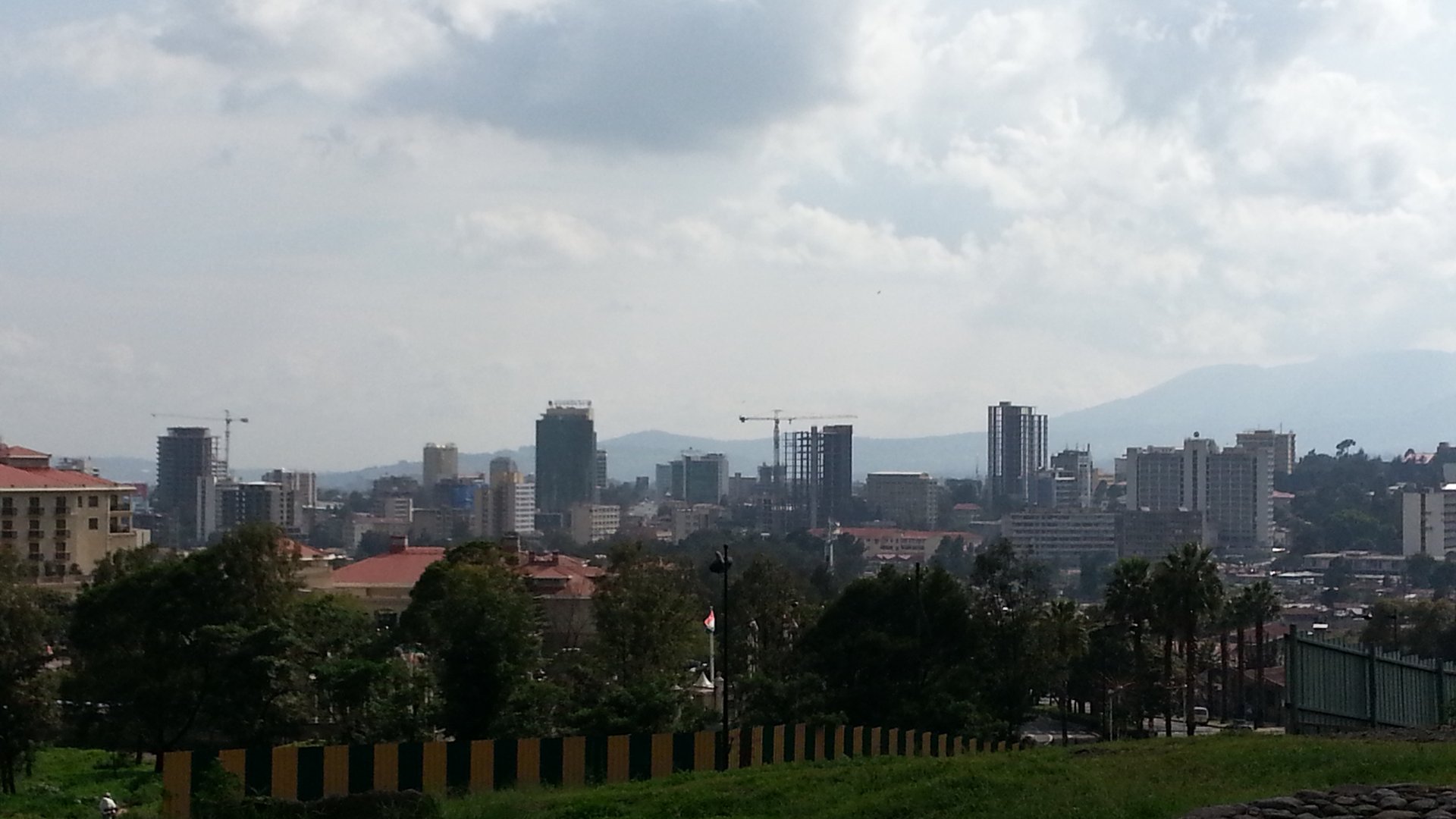 Daytime view of the Addis Ababa skyline under clouds, seen over trees